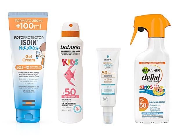 Fotoprotector Pediatrics Gel Cream de Isdin (25,55 €). Bruma Protectora Solar SPF50 de Babaria (11,65 €). Repaskin Pediatrics Mineral Baby de Sesderma (24,95 €). Spray Protector Solar IP50+ Delial Sensitive Advanced Niños de Garnier (15,99 €).