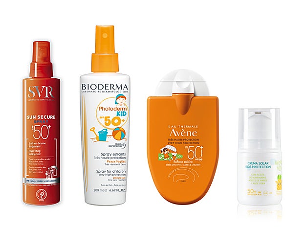 Sun Secure Spray SPF50+ de SVR (20,50 €). Photoderm Kid Spray SPF50+ de Bioderma (19,95 €). Réflex Solar SPF50+ Niños de Eau Thermale Avène (13,52 €). Crema Solar Kids Protection de Freshly Kisd (19 €).