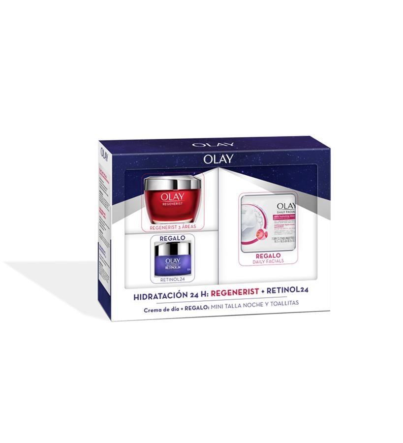 La fórmula enriquecida de Olay Regenerist 3 áreas regenerar sus células y tonifica contorno de los ojos, óvalo facial; la crema Olay Retinol24 Hidratante De Noche combina la vitamina B3 con el complejo retinoide para mejorar las líneas de expresión, las arrugas y la luminosidad, y las Toallitas Daily Facials 5 en 1 eliminan la suciedad, la grasa y el maquillaje, además de limpiar y exfoliar.  Pack Hidratación 24h: Regenerist+Retinol24 de Olay  (33,35 €).