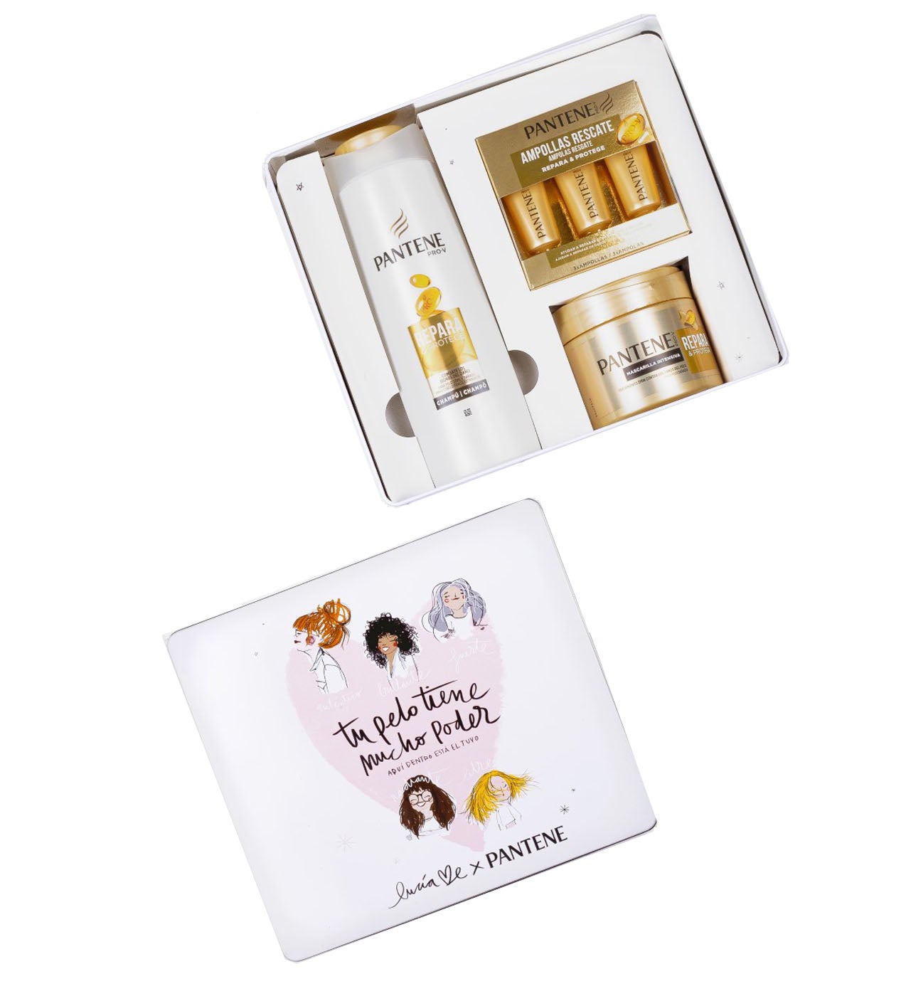 La ilustradora Lucía Be ha diseñado esta caja metálita, que incluye champú y mascarilla Repara y Protege y Ampollas Rescate 1 minuto, con los que conseguir un pelo sano y brillante.  Caja Lucía Be de Pantene  (12,99 €).