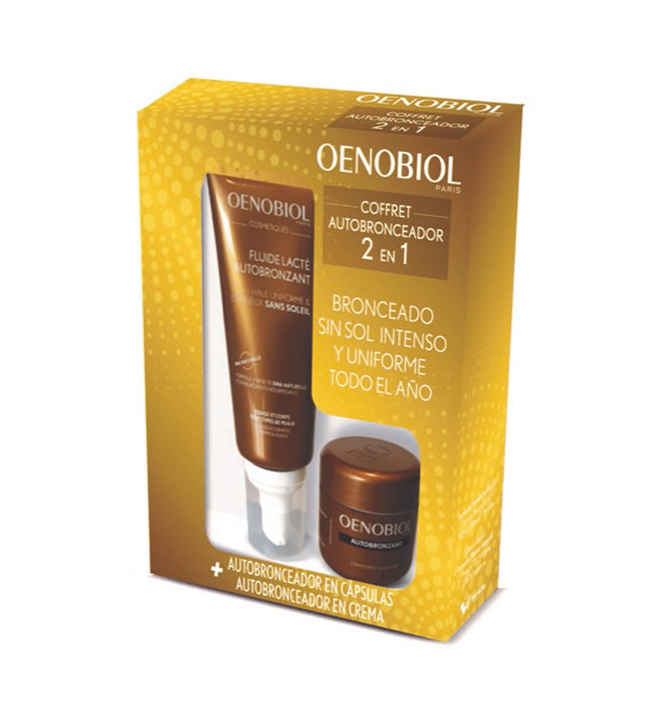 Su fórmula fundente a base de DHA de origen natural y aceite de semilla deuva, rico en omega 6 y vitamina E, proporciona un bronceado progresivo yuniforme sin sol; además de ingredientes nutritivos. Viene acompañado de las cápsulas enriquecidas con extractos vegetales y que contienen cobre (luteína), que contribuyen a la pigmentación de la piel.  Pack Autobronceador 2 en 1 de Oenobiol  (35 €).