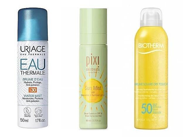 1. Uriage Agua Termal Bruma Spray SPF30. 2. Bruma Sun de PIXI 3. Biotherm Bruma Solar Dry Touch SPF 50.