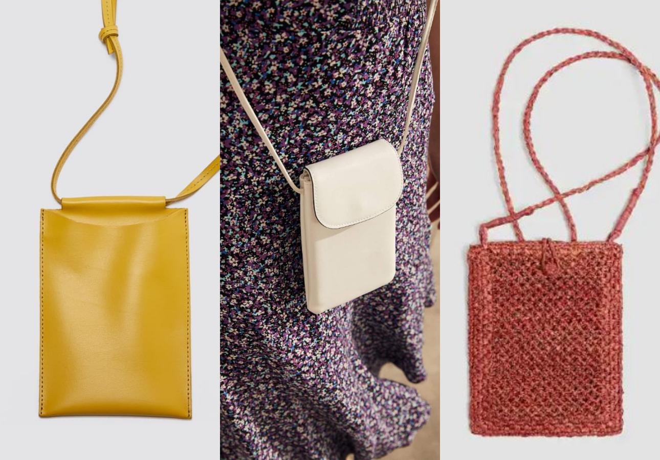 Amarillo de piel de Zara (19,95 euros), en blanco de Stradivarius (9,99 euros) y de rafia de Pull&Bear (12,99 euros).