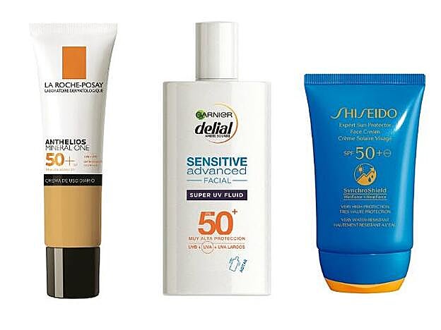 1. LA ROCHE-POSAY Anthelios Mineral One SPF50+ (26,30 €). 2. GARNIER Delial Sensitive Advanced Leche Solar Facial (12 €). 3. SHISEIDO Expert Sun Protector Face Cream SPF50+ (49 €).