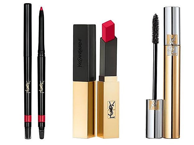 Máscara Volume Effet Faux Cils (36,65 €). Dessin Des Lèvres En Rojo (28,20 €). Rouge Pur Couture The Slim 21 (37,40 €). Todo de YSL Beauty.