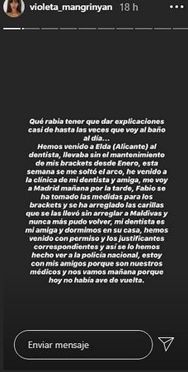 Violeta Mangriñán responde a quienes le acusan de saltarse el confinamiento.