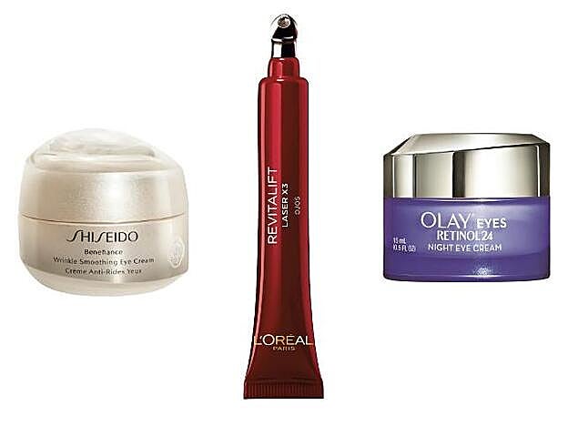 1. SHISEIDO Benefiance Wrinkle Smoothing Eye Cream (81 €). 2. L’ORÉAL PARIS Revitalift Laser X3 ojos (19,90 €). 3. OLAY Retinol 24 Crema de Noche para el Contorno de Ojos (34,99 €).