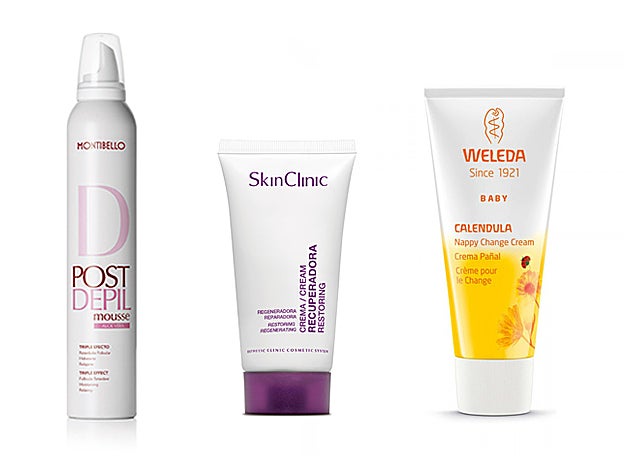 Post Depil Mousse de Montibello (25,95 €). Crema Recuperadora de SkinClinic (20 €). Crema Pañal de Caléndula de Weleda (8,95 €).