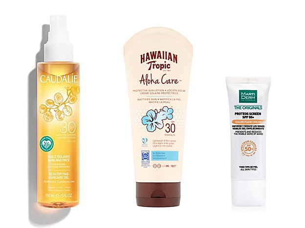 Aceite Solar Embellecedor Spf30 de Caudalie (23,50 €). Aloha Care SPF 30 Lotion de Hawaiian Tropic (13,95 €). Proteos Screen Spf 50+ Color de Martiderm (29,95 €).