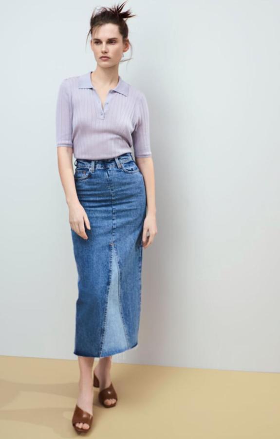 Falda vaquera midi, (15,99 euros).