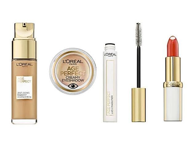 1. Base Anti-Aging Radiant Foundation. 2. Creamy Eyeshadow. 3. Lash Magnifier. 4. Barra de labios. Todo de la colección de maquillaje antiedad Age Perfect de L'Oréal.