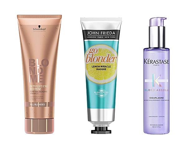 Champú Bonding Purificante Blondme de Schwarzkopf Professional (14,15 €). Lemon Miracle Masque de la línea Go Blonder de John Frieda (9,55 €). Sérum Universal Fortificante Y Protector Del Calor Cicaplasme de la línea Blond Absolu de Kérastase (32,60 €).
