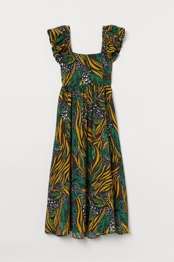 Vestido midi en mezcla de lyocell Tencel con suave caída y falda con vuelo. Lleva escote cuadrado, manga circular con elástico revestido sobre los hombros, costura en la cintura, elástico en la parte posterior de la pretina y sección cut-out en la espalda con lazada ancha. El busto va forrado en gasa suave de algodón (59,99 euros).