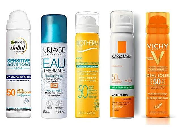 1. Bruma facial Delial Sensitive Advanced SPF 50 de Garnier. 2. Uriage Agua Termal Bruma Spray SPF30. 3. Biotherm Bruma Solar Dry Touch SPF 50. 4. Bruma invisible de rostro Anthelios SPF 50 de La Roche-Posay. 5. Ideal Soleil Bruma Invisible de rostro SPF50+ de Vichy.