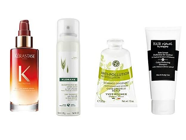 1. Kérastase Nutritive 8H Magic Night Serum (43,10 €). 2. Klorane Champú Seco Leche de Avena (11,66 €). 3. Sisley Soin Lavant Perfecteur De Couleur (62 €). 4. Yves rocher Pre-Champú Anti-Polución (2,95 €).