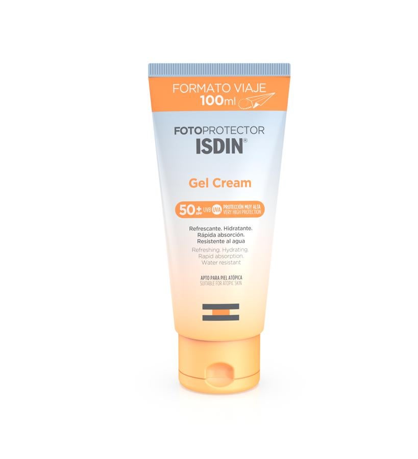 Fotoprotector corporal ideal para todo tipo de pieles incluida la piel atópica. Proporciona una muy alta protección UVB/UVA a la vez que hidrata y refresca. Su textura es muy fácil de extender y su formulación oil-free aporta un acabado sedoso, sin brillos y una agradable sensación de frescor. Apto para todo tipo de pieles, incluida la piel atópica.  Gel Cream SPF50+ de Isdin  (13,95 €).