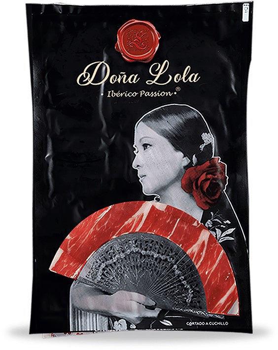 100% IBÉRICO: Cortado a cuchillo, jamón ibérico de bellota, procedente de Extremadura, Doña Lola (13 €).