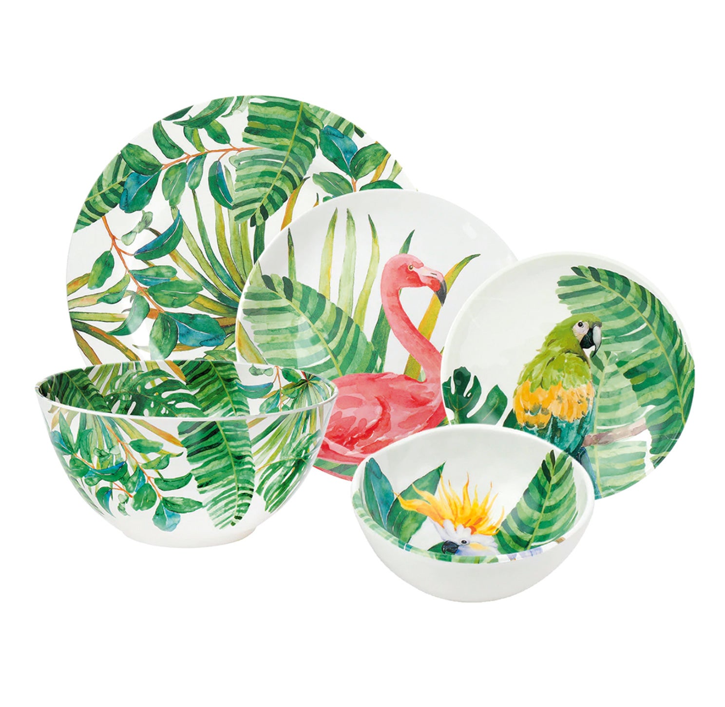 CON VAJILLA... IRROMPIBLE: Con aves y plantas tropicales y realizada en melamina, para evitar roturas. Vajilla por piezas modelo Selva, de El Corte Inglés (por piezas, desde 5,95 €).