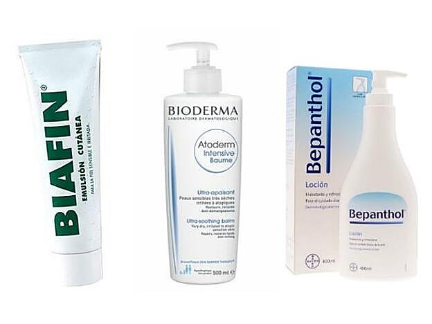 1. Emulsión cutánea de Biafin. 2. Atoderm Intensive de Bioderma. 3. Loción hidratante y calmante de Bepanthol.
