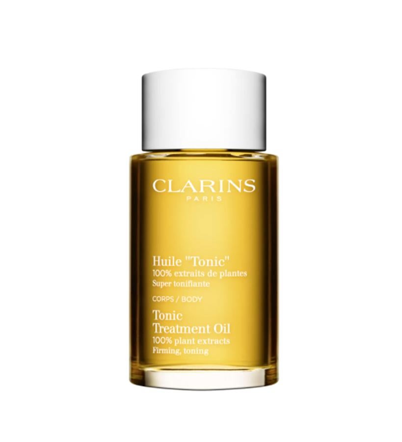A base de extractos de plantas 100% puros, está compuesto por aceites esenciales de romero, de geranio y de menta que perfuman, tonifican y proporcionan bienestar, y aceite de avellana, que mantiene la hidratación y nutre la piel. Reafirma los tejidos y previene el relajamiento cutáneo mejorando la elasticidad de la piel y previniendo la formación de estrías.  Aceite Reafirmante Corporal Tonic de Clarins  (55 €).