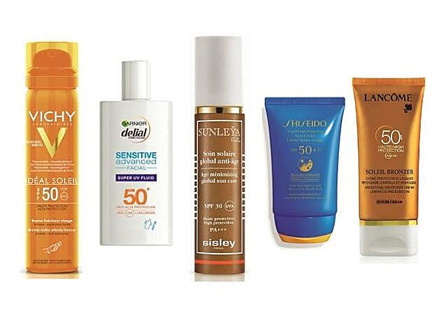 1. VICHY Idéal Soleil Bruma Rostro Efecto Frescor (17,10 €). 2. GARNIER Delial Sensitive Advanced (14 €). 3. SISLEY Sunleÿa Age Minimizing Global Sun Care (159 €). 4. SHISEIDO Expert Sun Protector (49 €). 5. LANCÔME Soleil Bronzer Sun BB Cream (35 €).