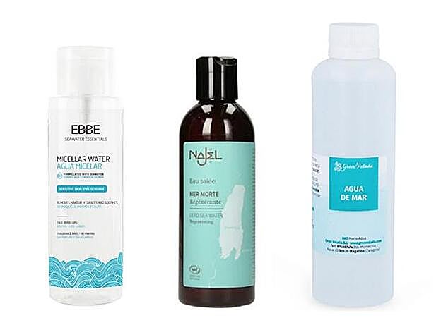 Agua Micelar de Ebbe (9,95 €). Agua Concentrada del Mar Muerto de Najel (6,49 €). Agua de Mar Embotellada Gran Velada (1,80 €).