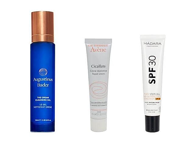 The Cream Cleansing Gel de Augustinus Bader (65 €, en abanuc.com). Crema Reparadora Cicalfate de Avène (9,44 €). Plant Stem Cell Age-Defying Sunscreen SPF 30 de Mádara (29 €).