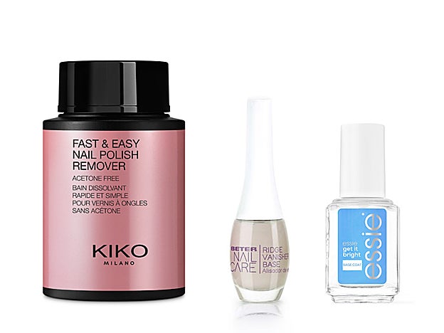 Fast & Easy Nail Polish Remover Acetone Free de Kiko Milano (5,99 €). Base Alisadora de Estrías de Beter (5,95 €). Tratamiento de uñas neutralizador del color amarillento Get It Bright de Essie (12,95 €).