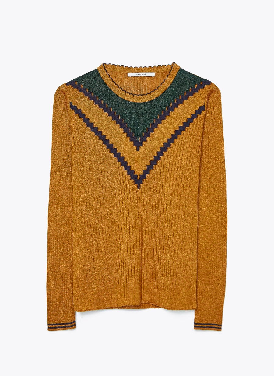 Jersey de canalé con cuello redondo y formas geométricas de las rebajas de Uterqüe. Antes: 69 euros. Ahora: 29,95 euros.