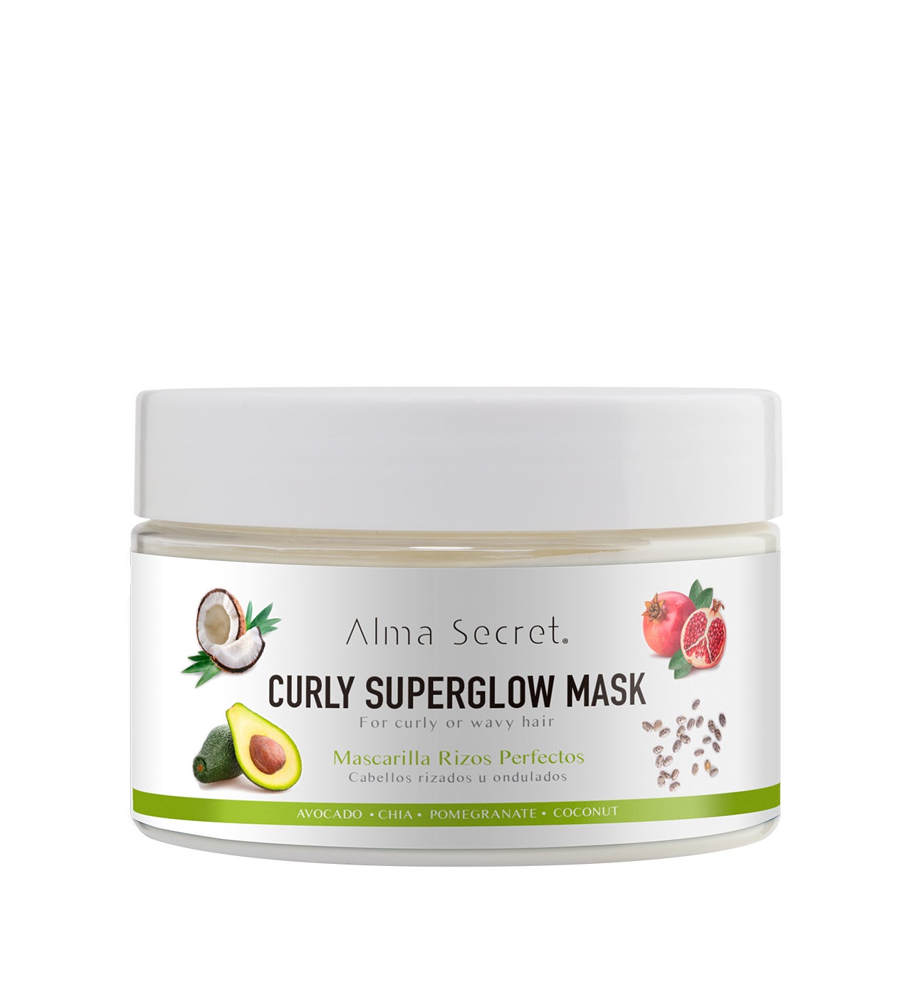 Aguacate, chía, granada, coco, caléndula, avellana, lino, ricino y almendras son los nueve aceites vegetales no grasos con los que está enriquecido este tratamiento. También incorpora proteínas de trigo, aloe, cola de caballo y pepino, que definen, disciplinan, flexibilizan y de controlar el frizz de los rizos sin aportar peso.  Curly Superglow Mask de Alma Secret  (22,50 €).