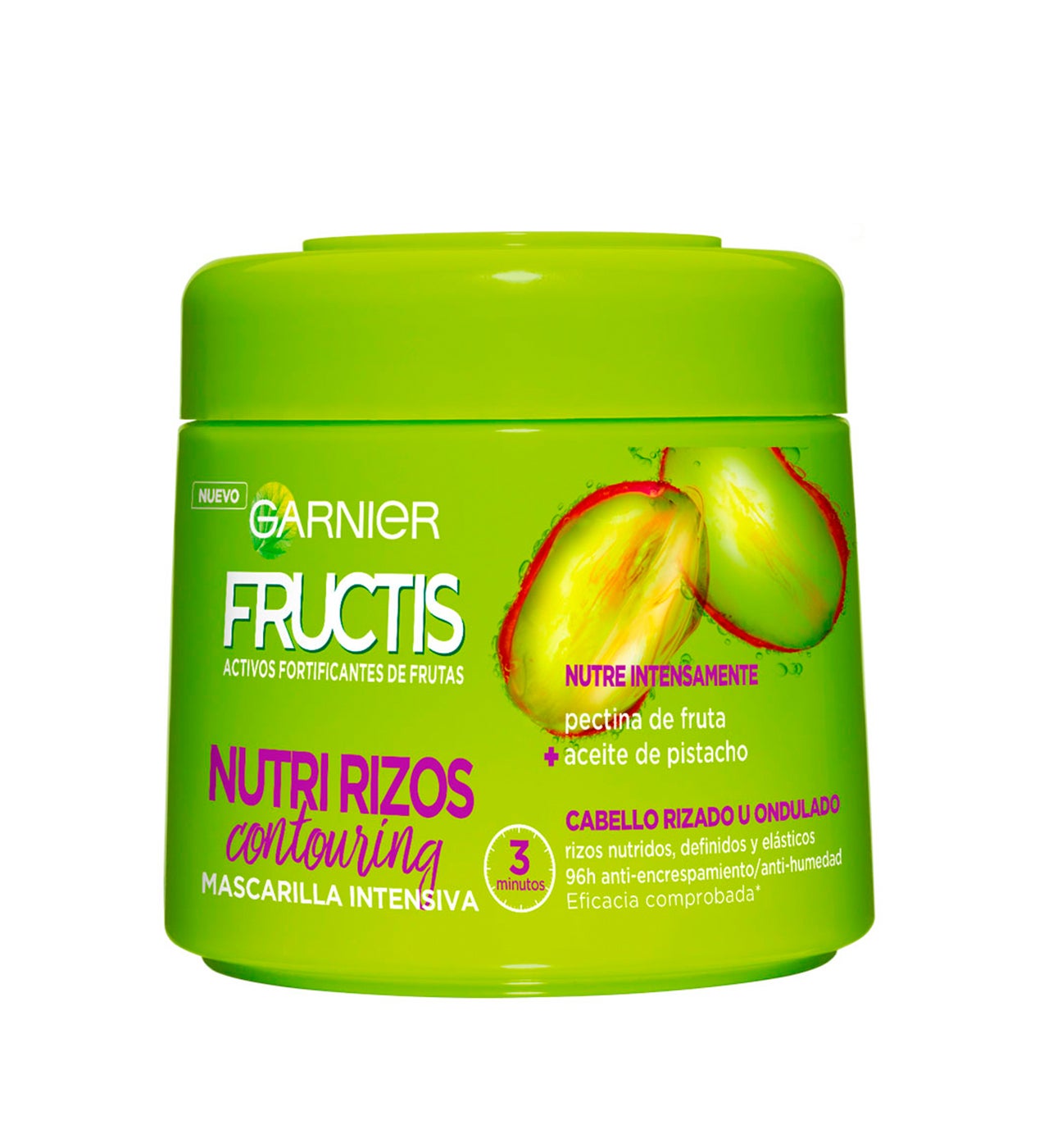 Su fórmula contiene aceite de pistacho, que nutre en profundidad la fibra del cabello y evita el encrespamiento, y pectina de fruta, que aporta una textura gelatinosa que no añade peso. Ddesenreda, nutre, controla el encrespamiento y define los rizos para mantenerlos elásticos y con movimiento. Está indicada para pelo rizado u ondulado.  Mascarilla Fructis Nutri Rizos Contouring de Garnier  (3,90 €).