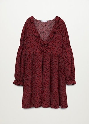 Vestido acampanado con manga fruncida y abullonada en color rojo de Mango. (25,99 euros).