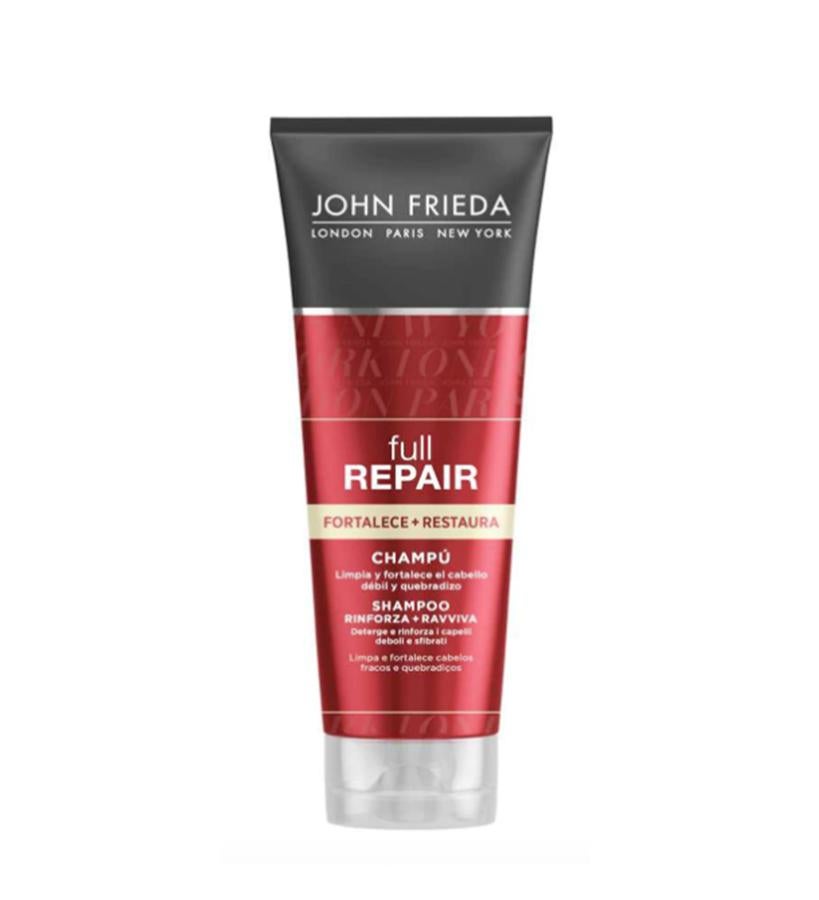 Su fórmula, con aceite de inchi inca rico en Omega 3, repara visiblemente y al tacto el cabello muy dañado, devolviéndole su vitalidad sin apelmazar. También desenreda y reduce el riesgo de rotura del cabello, así como le aporta cuerpo. Apto para cabellos teñidos, tratados químicamente y/o dañados por secadores planchas y coloraciones.  Champú Reparación & Cuerpo Full Repair de John Frieda  (7,30 €).