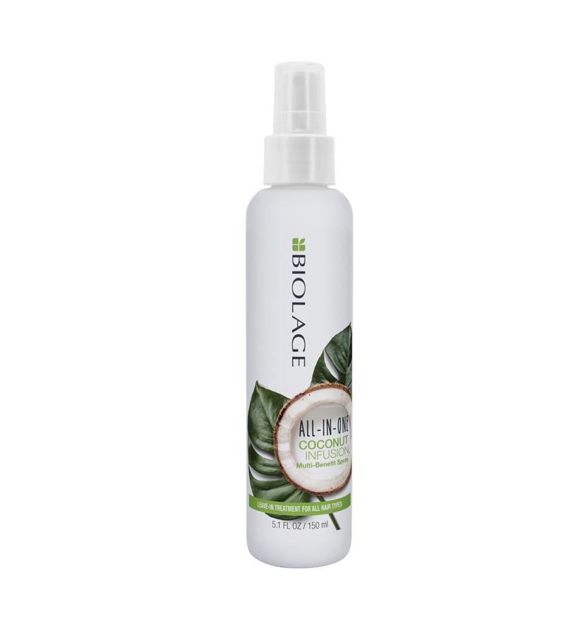 Infusionado con aceite de coco de origen natural, este spray multiusos protege, restaura y perfecciona cualquier tipo de cabello dándole la nutrición y el toque de brillo y frescura. Se puede usar tanto sobre cabello con el cabello mojado como seco.  All In One de Biolage  (18,40 €).