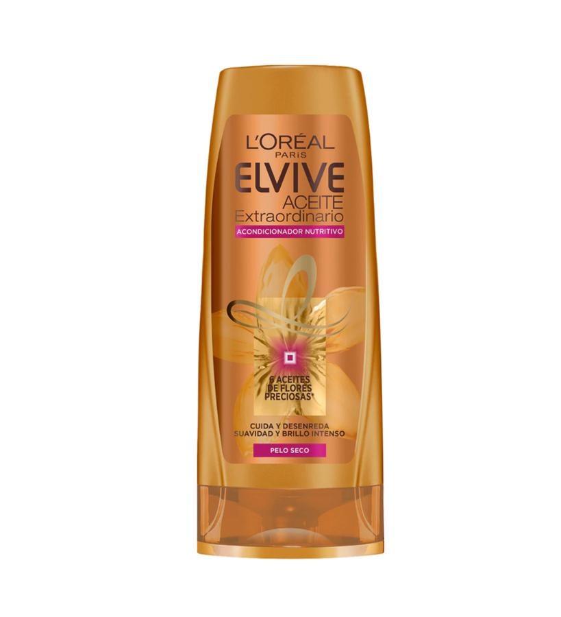 Enriquecido con seis aceites de flores preciosas, revitaliza el cabello dejándolo suave, nutre la fibra y revela un brillo extraordinario. También ayuda con el desenredado.  Acondicionador Nutritivo Aceite Extraordinario Elvive de L'Oréal Paris  (4,65 €).