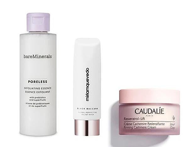 Poreless Exfoliating Essence de BareMinerals (26 €). Black Baccara Global Perfecting Velvet Mask de Miriam Quevedo (55 €). Crema Cachemir Redensificante de Caudalie (43,70 €)..