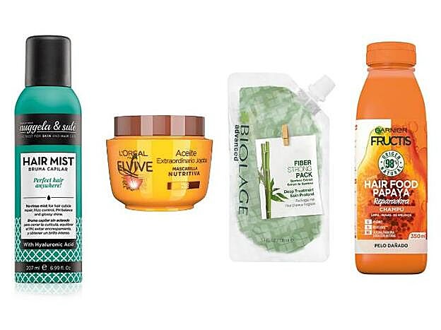5. NUGGELA & SULÉ. Hair Mist (14,90 €). 6. L’ORÉAL PARIS. Aceite Extraordinario Jojoba (4,99 €). 7. BIOLAGE ADVANCED. Fiber Strong Pack (16 €). 8. GARNIER. Fructis Hair Food Papaya Champú (4,95 €).