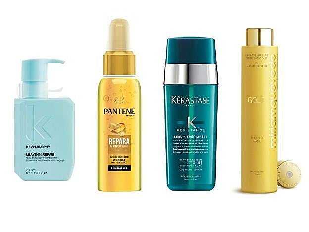 1. KEVIN MURPHY. Leave-in-Repair (30 €). 2. PANTENE. Repara & Protege Aceite Seco (6,49 €). 3. KÉRASTASE. K Resistance Sérum Thérapiste (40,40 €). 4. MIRIAM QUEVEDO. The Gold Mask (44 €).