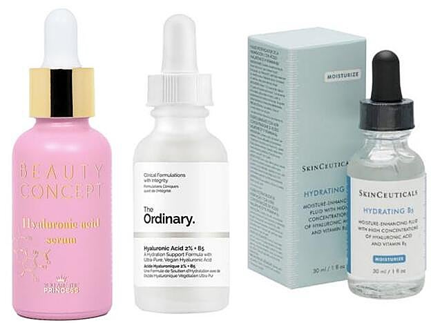 Sérum Beauty Concept de You are the princess, que mejora el contenido de humedad de la piel y fortalece las capas externas (9,99 euros); sérum hidratante de The Ordinary, con ácido hialurónico vegano ultrapuro (6,99 euros); y sérum Hydrating B5 de Skinceuticals, un potenciador de la hidratación enriquecido con vitamina B5 (53 euros).