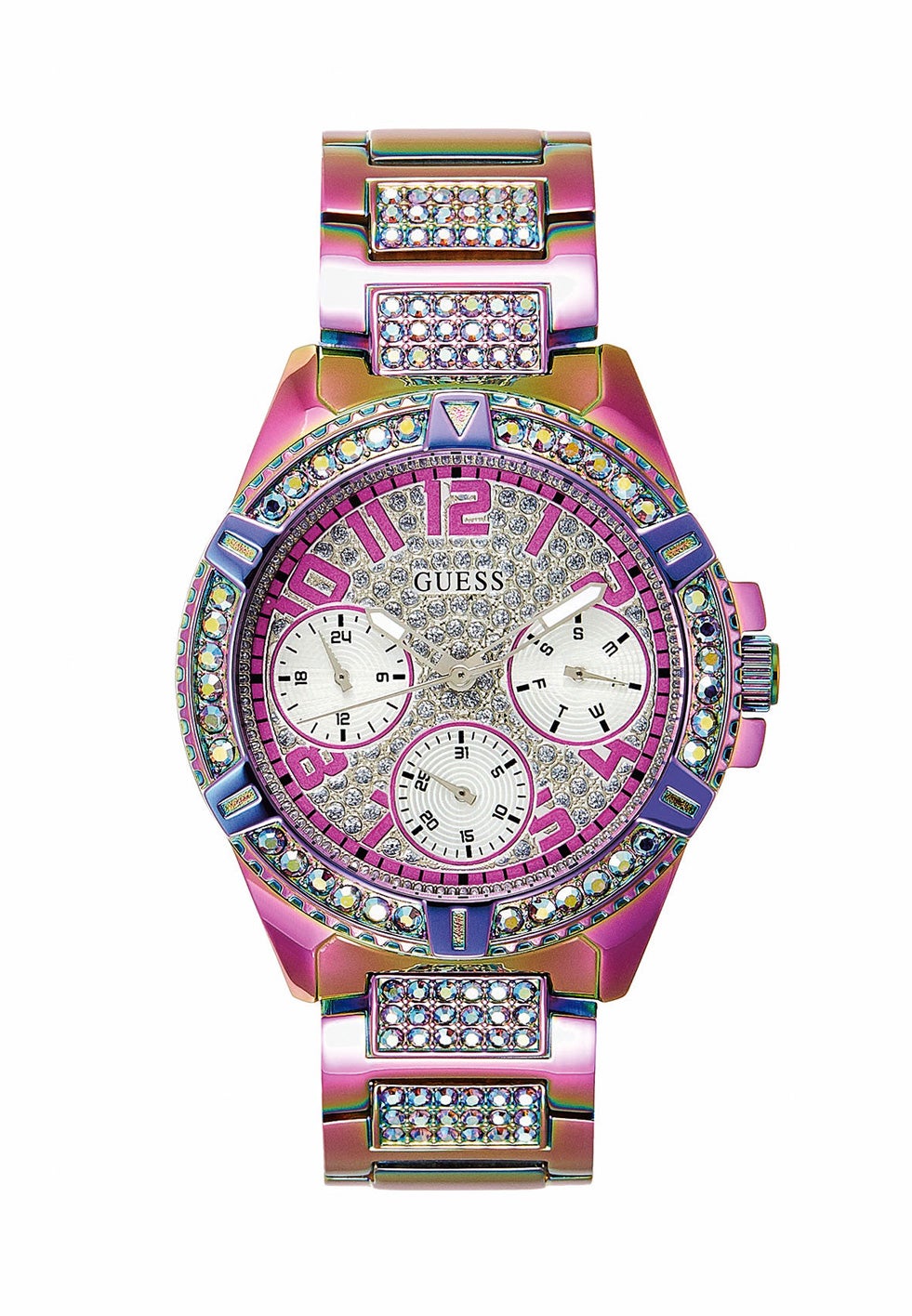 Reloj de acero iridiscente con cristales engastados, de Guess.