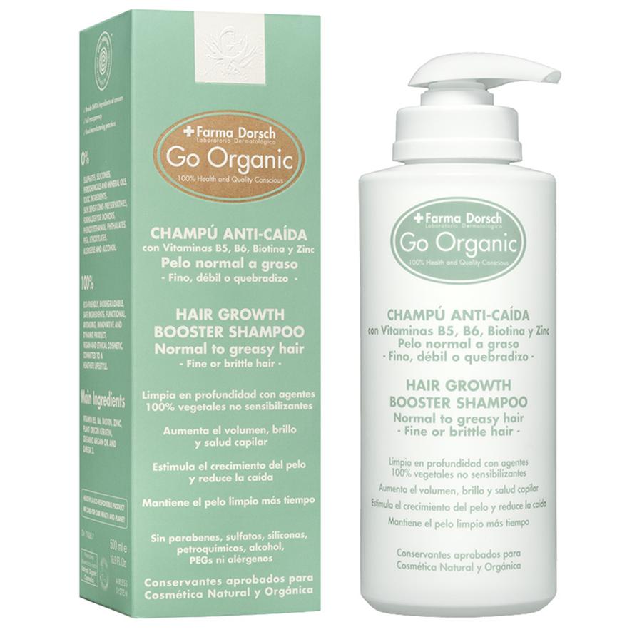 Champu anticaida Go Organic de Farma Dorsch (46 euros) estimula el crecimiento, reduce la caída del cabello y aumenta la densidad, grosor, volumen y salud del cabello débil o envejecido.