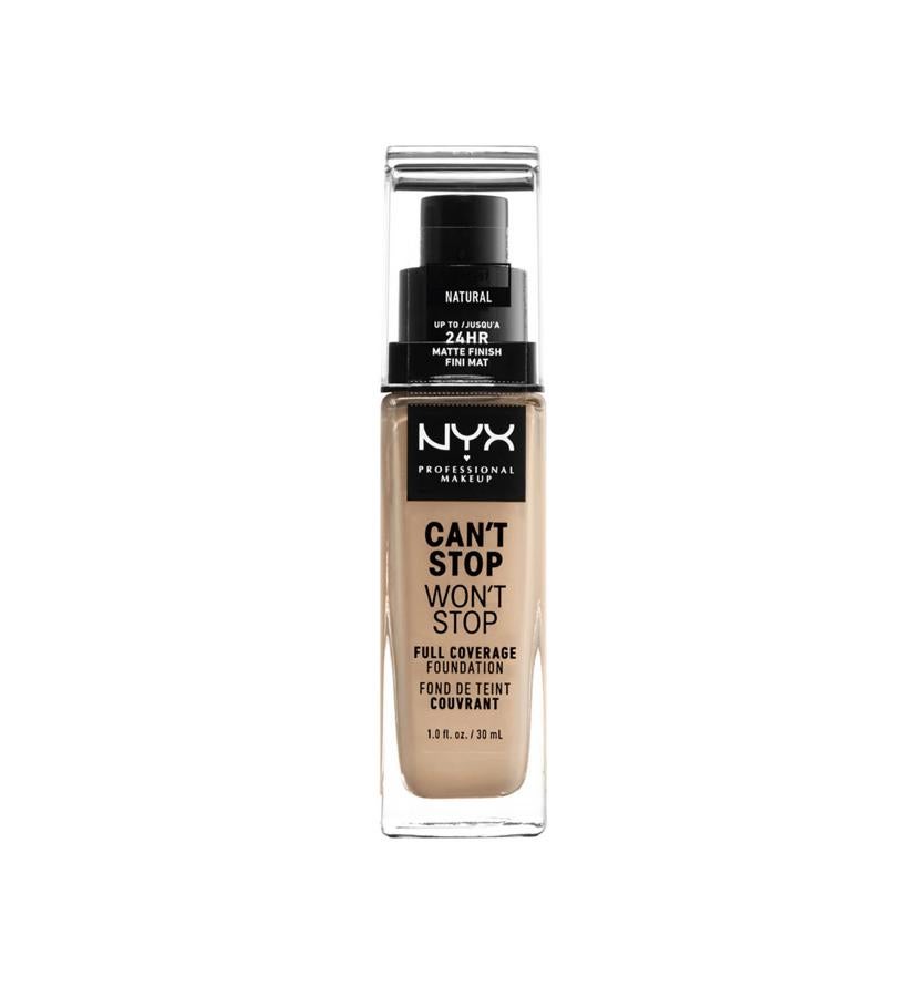 Ligera, resistente al agua y de larga duración. La fórmula non-transfer aguanta impecable en el rostro durante todo el día y mantiene a raya los brillos. Disponible en 45 tonos diferentes.  Can’t Stop, Won’t Stop Full Coverage Foundation de Nyx Professional Makeup  (16,90 €).