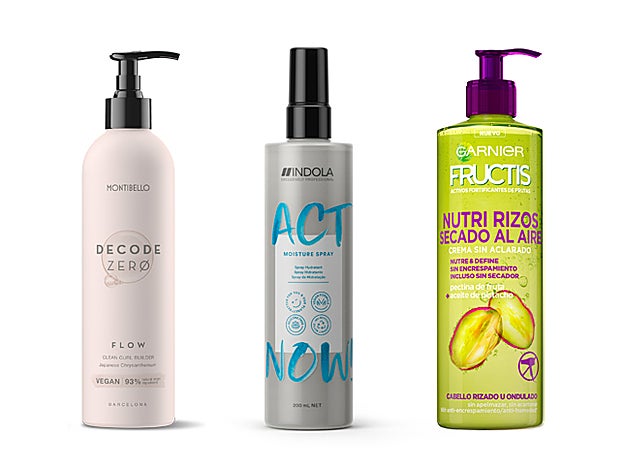 Gel acondicionador que activa y define los rizos Flow Decode Zero de Montibello (16,40 €). Spray Hidratante Act Now de Indola (13,49 €). Crema Sin Aclarado Nutri Rizos Secado al Aire Fructis de Garnier (4,25 €).