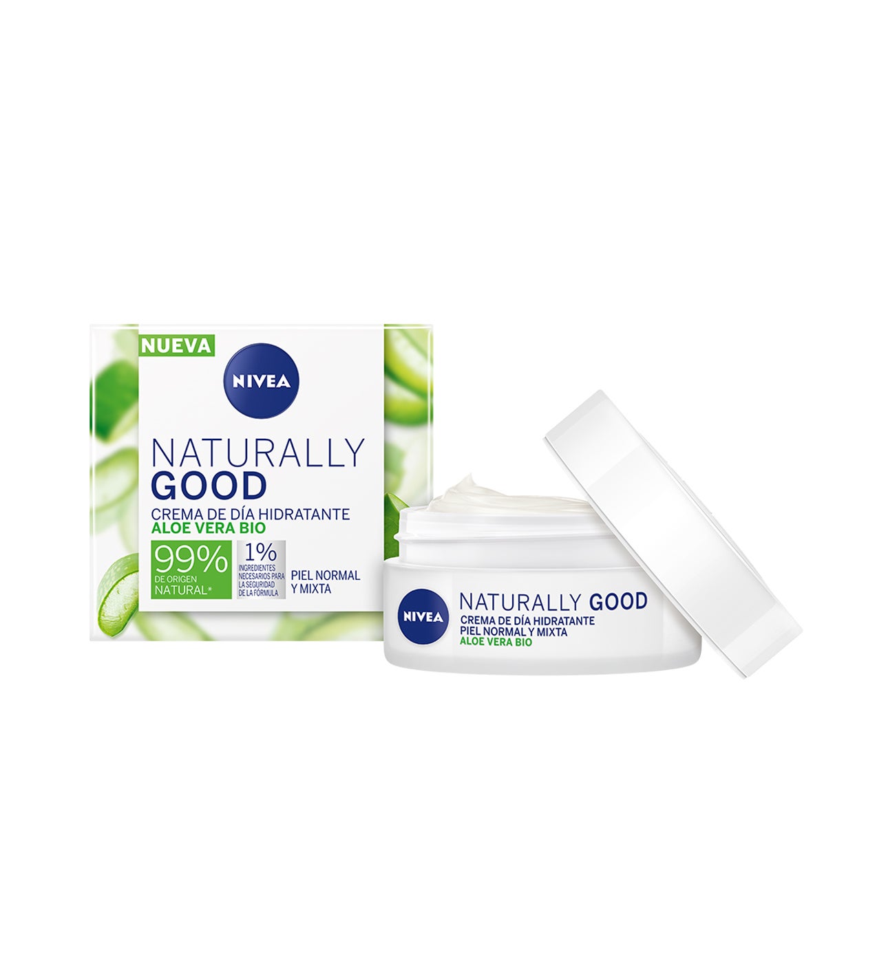 El 99% de los ingredientes son de origen natural y está formulada con extractos ricos de aloe vera que favorecen la regeneración de la piel. Hidrata la piel durante 24 horas, dejando un acabado suave y sedoso, nada graso.  Crema de Día Naturally Good de Nivea  (7,61 €).