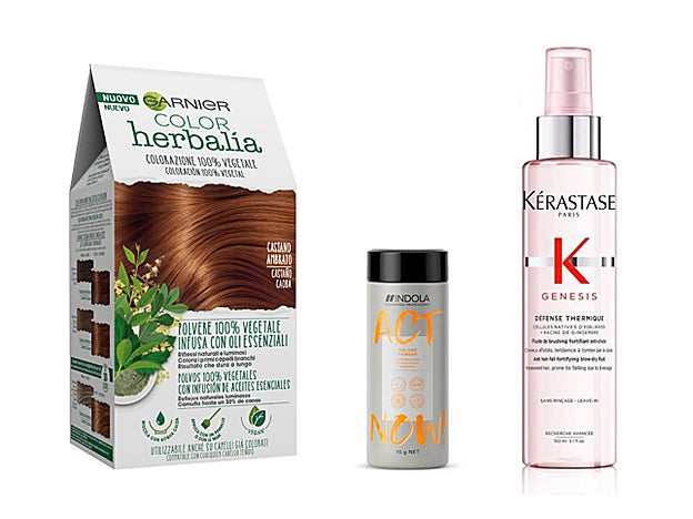 Coloración casera 100% vegetal Color Herbalia de Garnier (11,99 €). Polvo de Volumen Act Now de Indola (13,90 €). Fluido Genesis Defense Thermique de Kérastase (32,60 €)..
