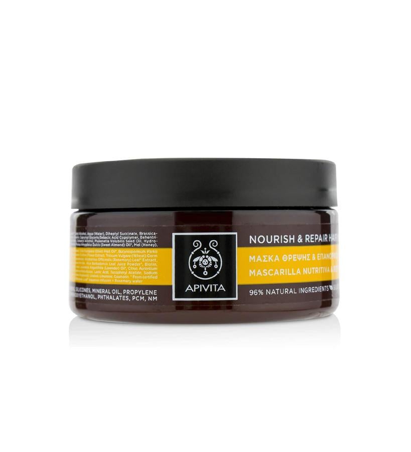 Su alto contenido en aceites vegetales (oliva, almendra, germen de trigo y de semillas de plukenetia volubilisaceite) la manteca de karité, las proteínas de trigo y las cinco vitaminas nutren en profundidad, reestructuran y reparan el cabello seco y dañado. Y el aceite de tomillo griego y el aloe hidratan y aportan suavidad.  Mascarilla Capilar Nutritiva & Reparadora de Apivita  (19 €).