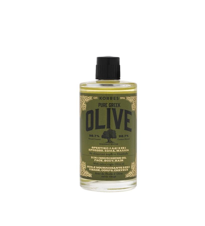 Rico en aceite de oliva virgen extra ecológico y reforzado con una mezcla de vitaminas C, E, F y ácidos grasosomega-6, proporciona suavidad y elasticidad tanto al cabello como a la piel de rostro y cuerpo y también. Unas gotas sobre las puntas reducen el frizz, eliminan las puntas abiertas y proporcionan suavidad y sedosidad a la melena. También se puede utilizar como tratamiento capilar intensivo prelavado. Aceite Nutritivo 3 en 1 para Rostro, Cuerpo y Cabello Pure Greek Olive de Korres (29,95  €).