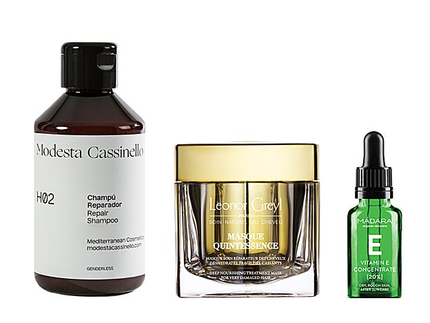 H02 Champú Reparador de Modesta Cassinello (23 €). Concentrado de Vitamina E de Mádara Cosmetics (14,95 €). Masque Quintessence de Leonor Greyl (100 €).