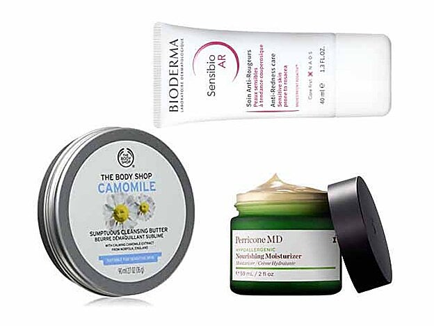 Crema Sensibio AR de Bioderma (19,95 €). Manteca Limpiadora de Camomila de The Body Shop (14 €). Hypoallergenic Nourishing Moisturizer de Perricone MD (75 €).
