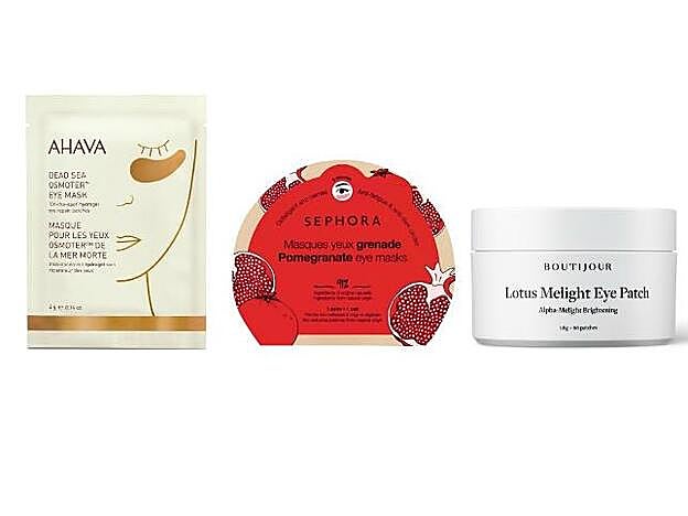 1. AHAVA. Dead Sea Osmoter Eye Mask (44 €). 2. SEPHORA. Pomegranate Eye Mask (3,95 €). 3. BOUTIJOUR. Lotus Melight Eye Patch (69 €).